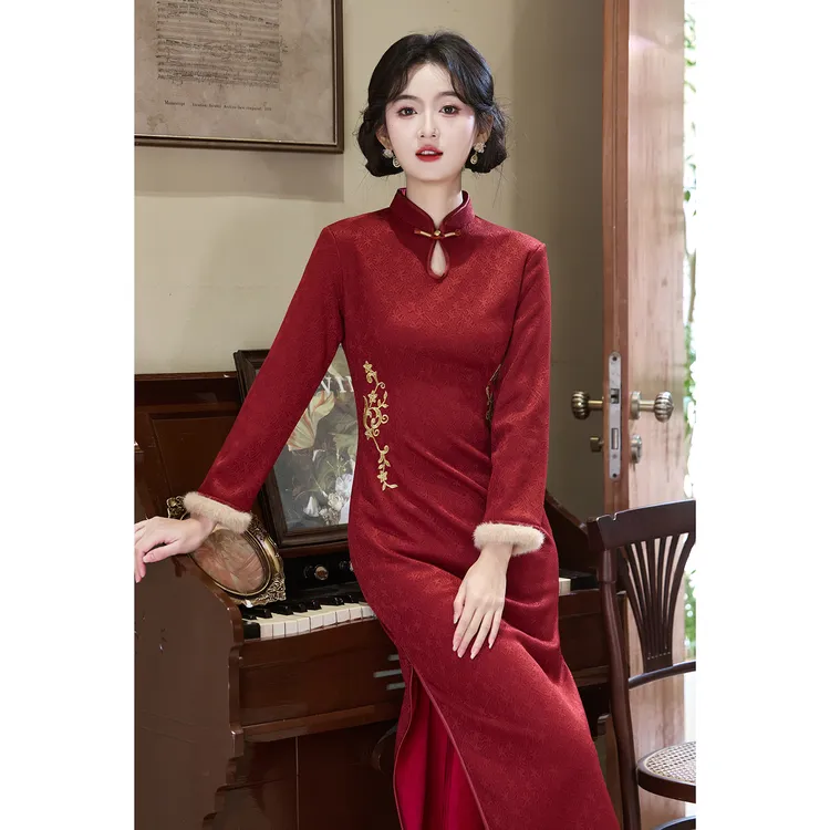 红色新中式冬款加绒旗袍高级感修身气质长袖新娘订婚结婚敬酒服