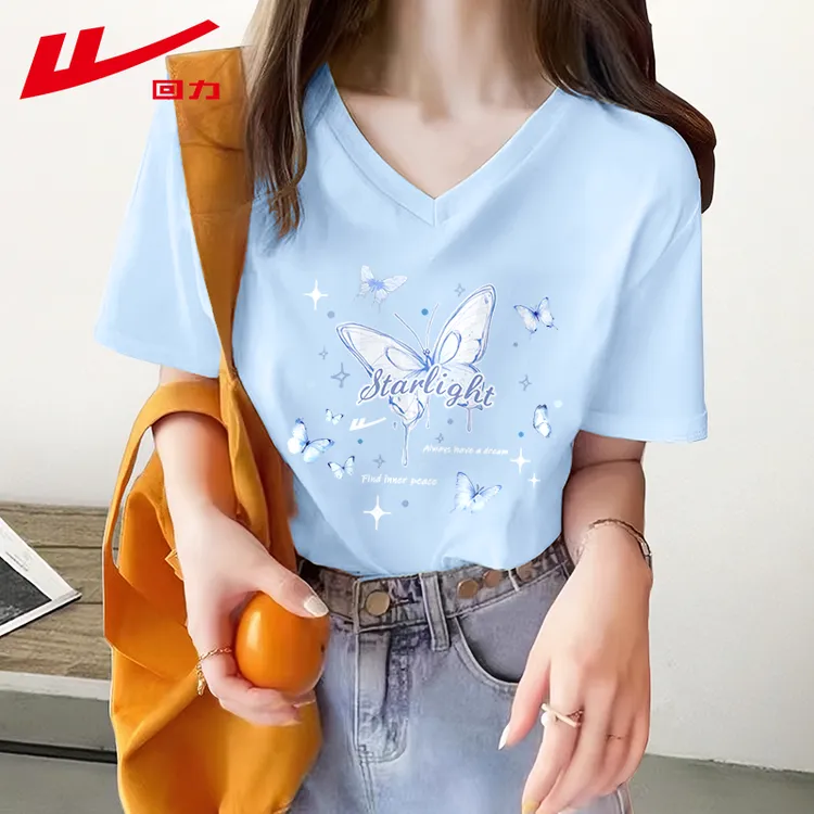 回力V领短袖t恤女夏2025新款浅蓝色大码正肩半袖体恤小个子上衣女
