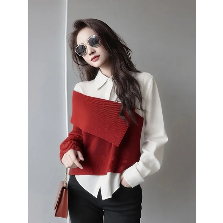 2026高级感超好看软糯慵懒风减龄松弛感减龄新年红色拼接针织衫女