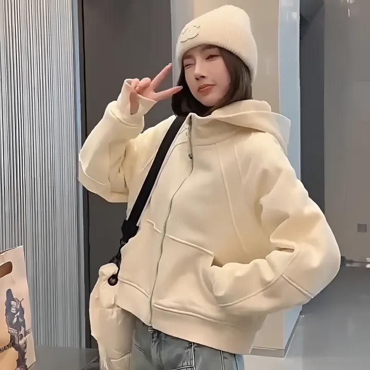 初秋新款LULU短款宽松鱼骨小个子纯色拉链开衫连帽外套即墨卫衣女