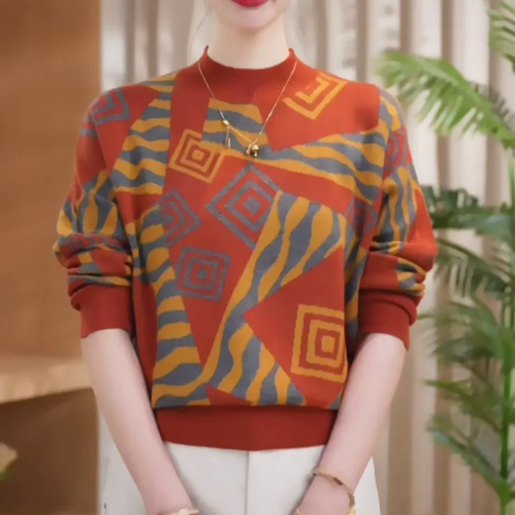 冬季高级时尚大码撞色洋气毛衣常规款休闲宽松针织女百搭打底衫