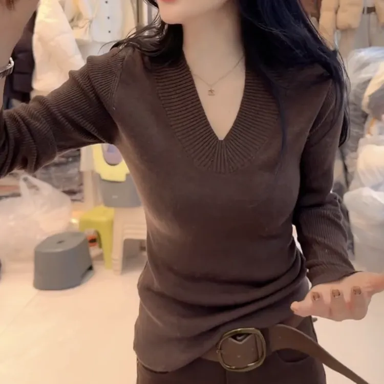 冬季韩版新款时尚百搭显瘦针织V领毛针织衫上衣LK2508275