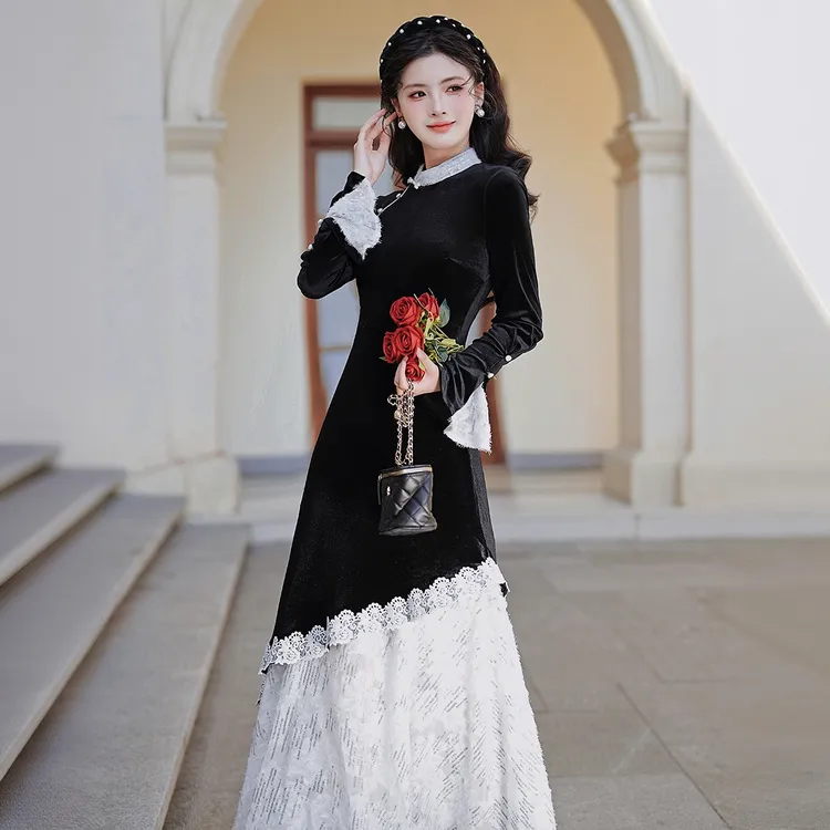 国风新中式秋冬季黑色丝绒连衣裙高级感改良旗袍式穿搭长裙子856