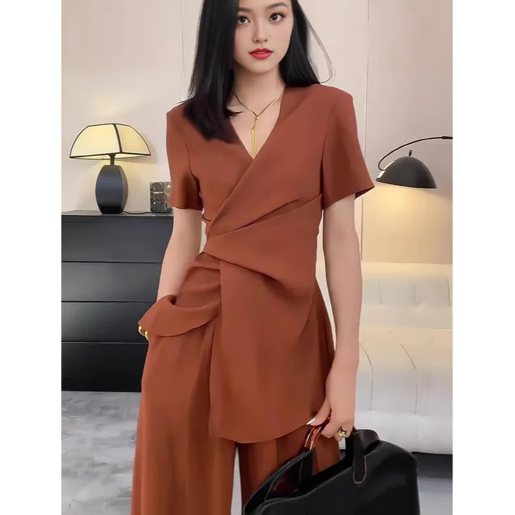 夏季大码时尚西装套装女胖mm法式收腰V领设计感西服阔腿裤两件套