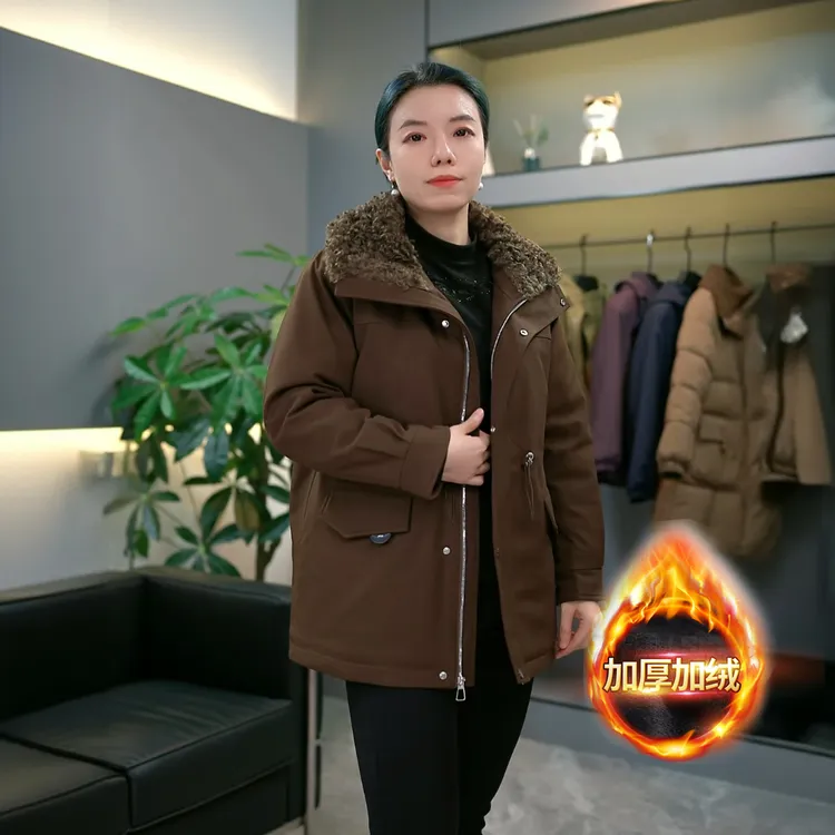 妈妈装冬季新款派克棉衣加绒加厚毛领外套洋气中老年女装中长款