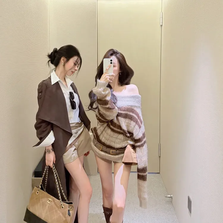 一字肩翻领毛衣条纹针织衫女秋季马海毛慵懒穿搭修身长袖上衣0566