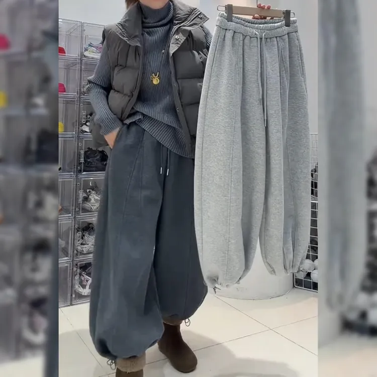 加绒休闲裤女宽松灯笼裤冬季遮胯阔腿裤梨型身材松紧腰显瘦束脚裤