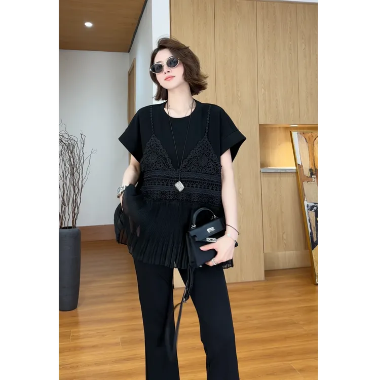 YYOUHAN 【周末美术馆】蕾丝轻纱拼接显百搭夏季冰膜T恤 2506C3282