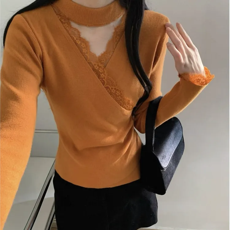 打底衫女秋冬内搭可外穿2025新款风情万种v领蕾丝修身t恤上衣