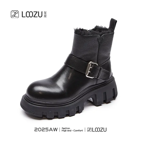【LOOZU】龙足品牌女鞋2025冬季新款胎牛圆头军靴