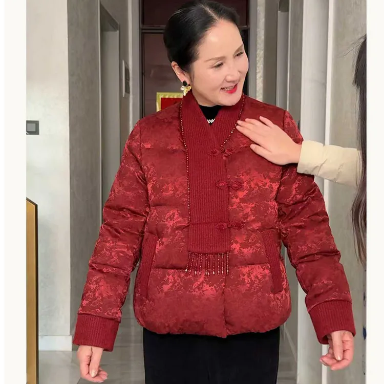 冬季妈妈装短款羽绒服新中式羽绒服女中老年保暖加厚妈妈红色外套
