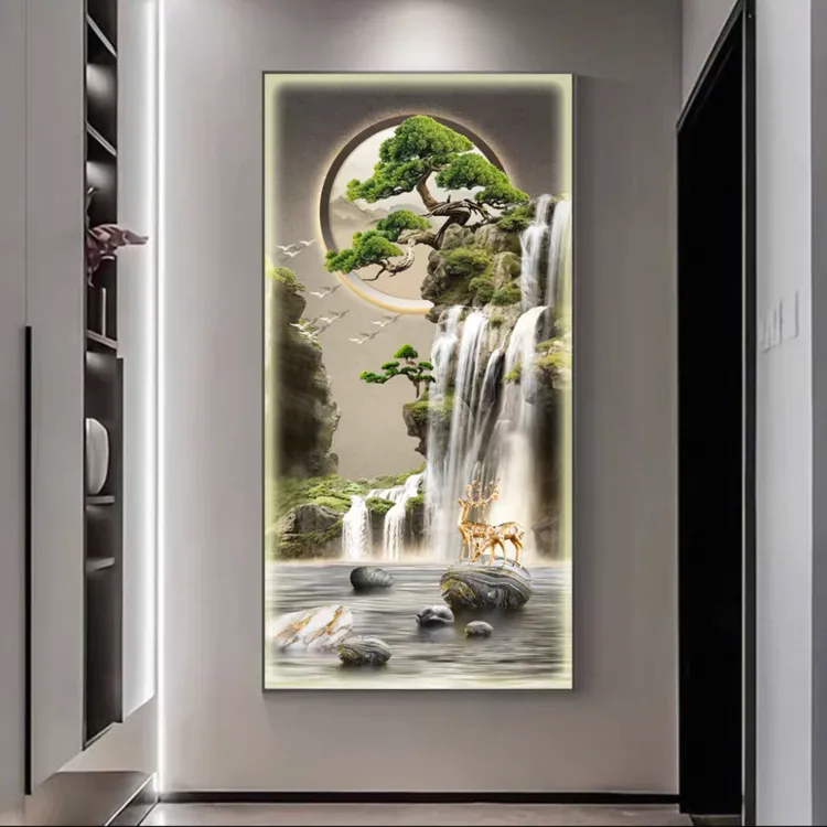新款轻奢流水生财入户玄关装饰画走廊过道竖版壁画