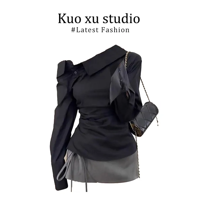 设计感小众斜肩衬衫收腰显瘦露肩上衣蝴蝶结系带半身裙a字短裙子