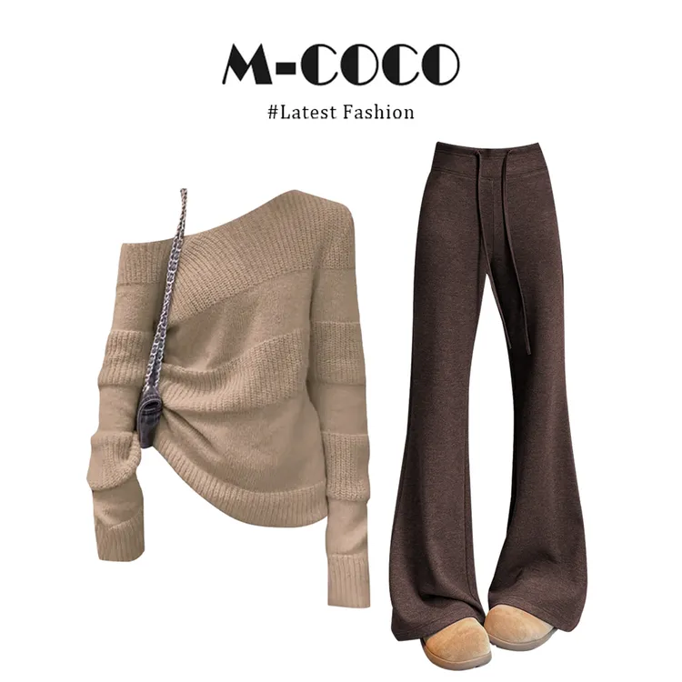 INS CEC纯欲美拉德显瘦斜肩长袖毛衣秋季高腰修身微喇裤两件套