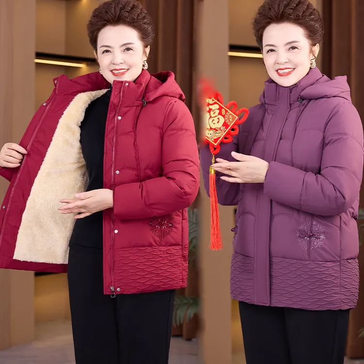 中老年女装时尚妈妈装加绒加厚冬季棉衣中年连帽中长款奶奶装外套