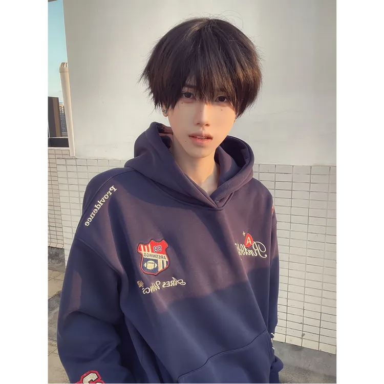 国潮美式高街刺绣徽章连帽卫衣男秋冬加绒宽松设计感小众情侣上衣
