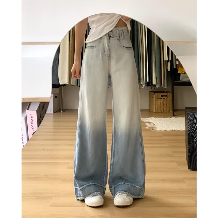天丝浅色牛仔裤女2025夏季新款高腰阔腿宽松bf慵懒风莱赛尔毛边裤