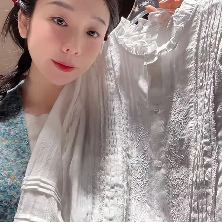 【Rose Yun】香榭丽舍宫廷木耳边领法式100%棉衬衫JY125057