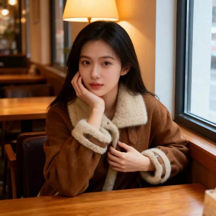 冬季单创新品皮毛一体外套微松紧收褶下摆复古机车服上衣