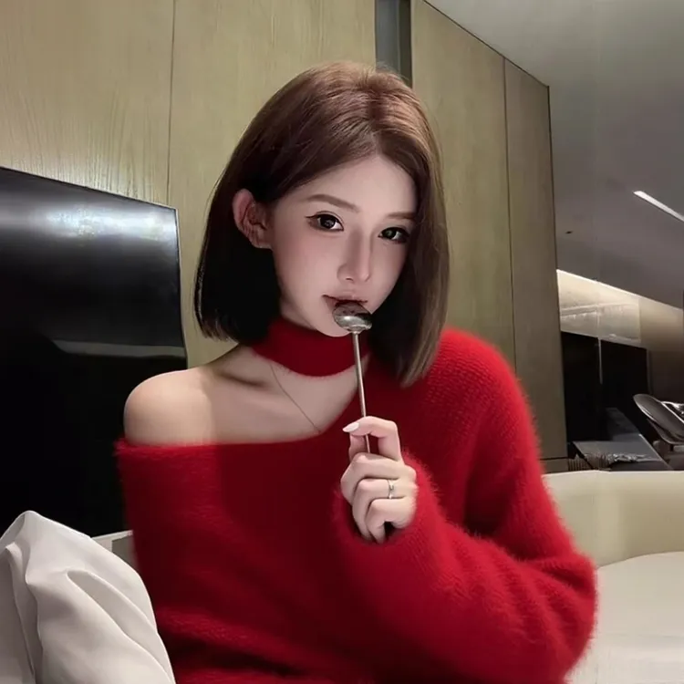 独特漂亮红色斜肩挂脖长袖针织毛衣女秋冬新款慵懒风减龄显瘦上衣