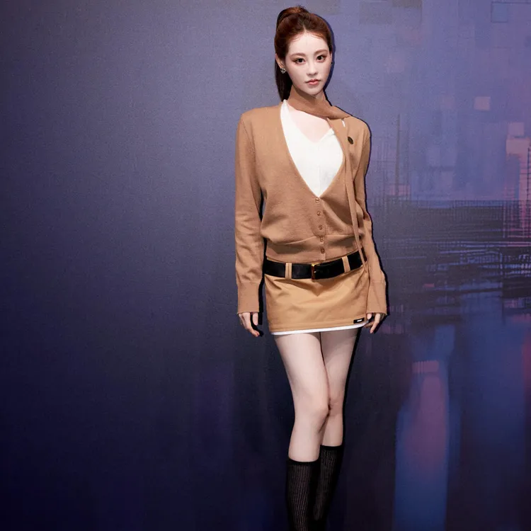 2025秋季美拉德休闲风假两件飘带款针织套装长袖上衣半身裙两件套