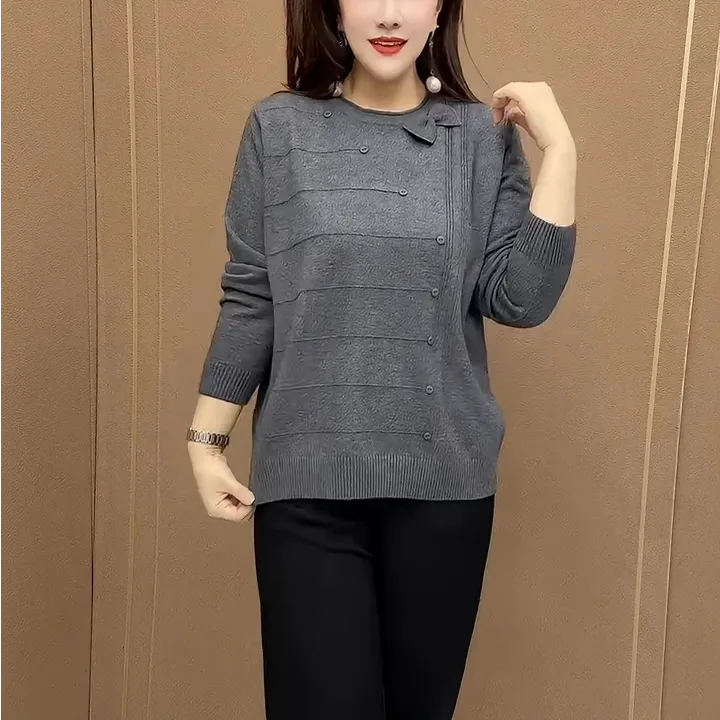时尚休闲风韩版中年女士纯色毛衣春秋设计款纽扣蝴蝶结减龄妈妈装