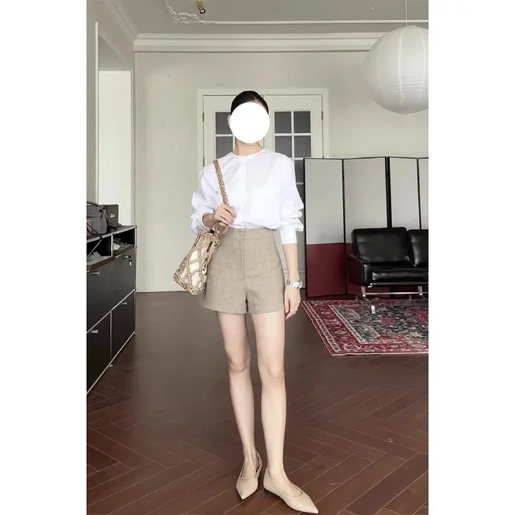 极简休闲白色衬衫女装简约高腰显腿长法式短裤女中式盘扣通勤