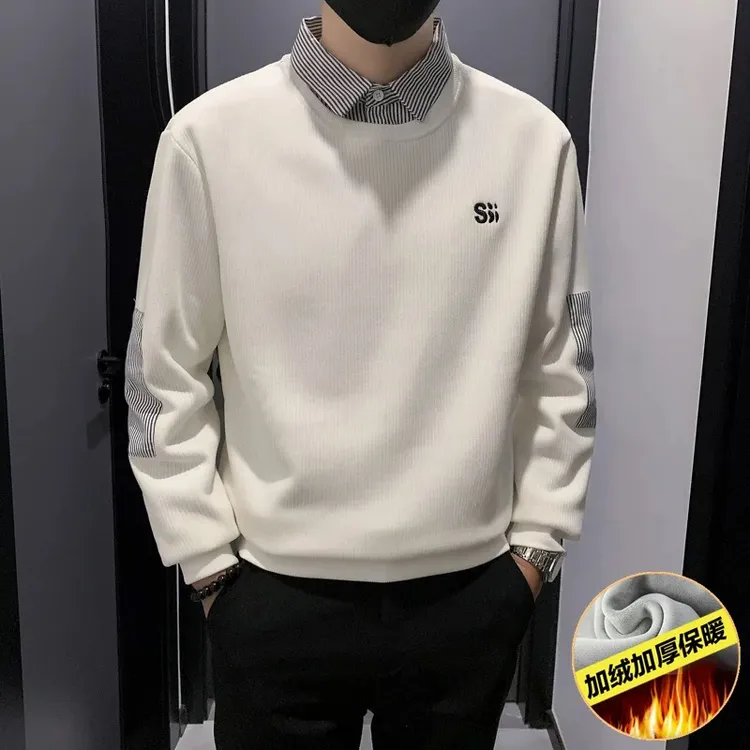 假两件修身秋冬衬衫领加绒卫衣男士新款休闲装初秋日系翻领百搭