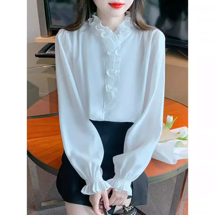 设计感木耳边长袖雪纺衬衫女春秋2025新款打底衫高端小众别致上衣