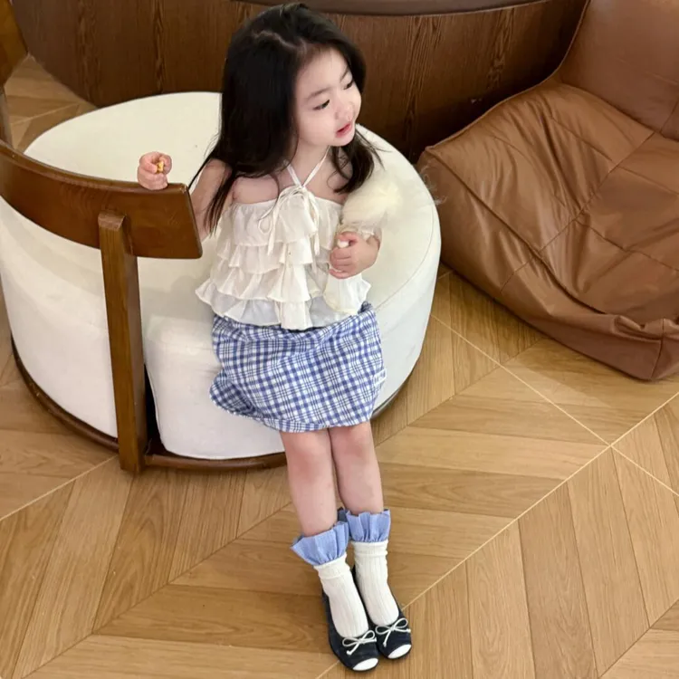 壹妈韩版童装女童夏季套装洋气儿童杏色挂脖背心蓝色格子半身裙子