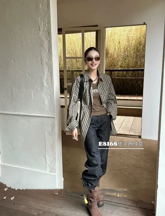早秋上新衬衫两件套长袖纽扣落肩袖条纹棋盘格千鸟格常规女