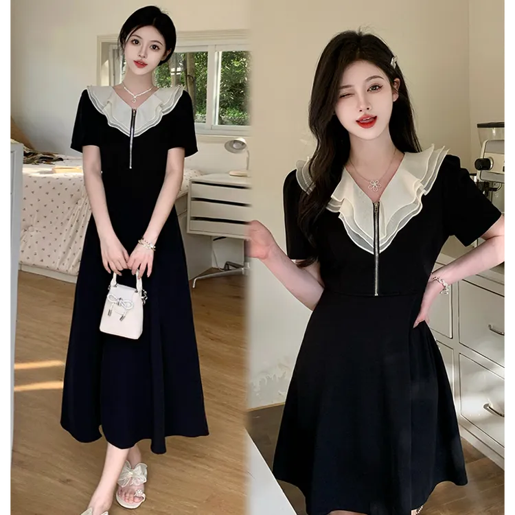 胖mm大码女装2025夏季可爱新款气质法式甜美荷叶领收腰显瘦连衣裙