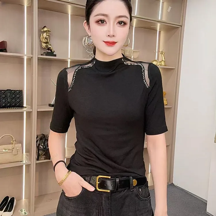 时尚镂空拼接中袖t恤女装秋季新款打底衫小个子气质百搭弹力上衣