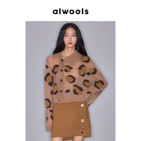 ALWOOLS2025秋冬新品豹纹撞色嵌花斜门襟开衫