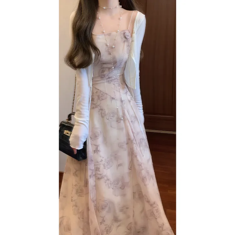 【奥斯丁玫瑰】法式温柔浪漫吊带连衣裙气质长裙&防晒空调开衫9050