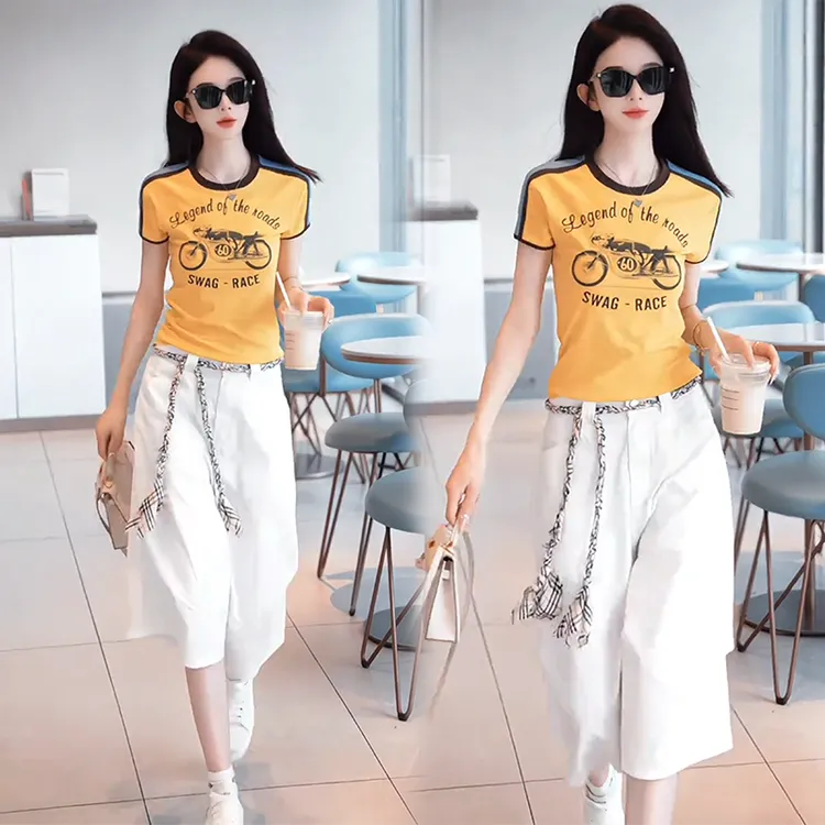 夏季新款美式复古撞色印花短袖T恤女韩版高腰休闲阔腿中裤两件套