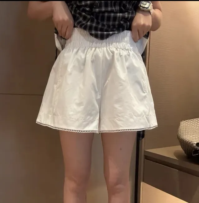 【纯棉-做过洗水-后期不缩水】松紧腰小花边女夏新款高腰阔腿短裤
