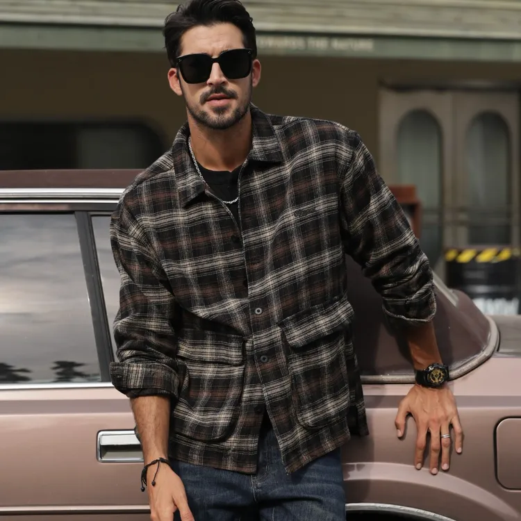 秋季美式复古纯棉长袖格子衬衫男宽松大码衬衫休闲外套
