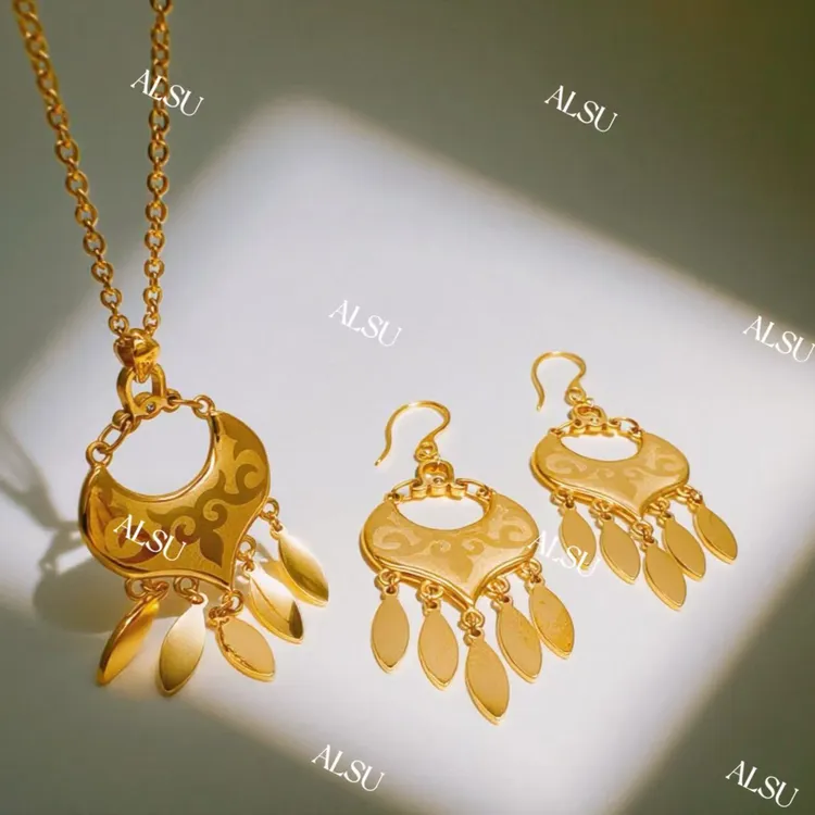 合金项链 ALSU原创经典双面花纹两件套毛衣链耳环复古时尚升级版