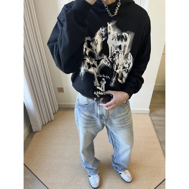 BMNF 美式复古vintage马场印花连帽卫衣短宽Boxy百搭外套clean