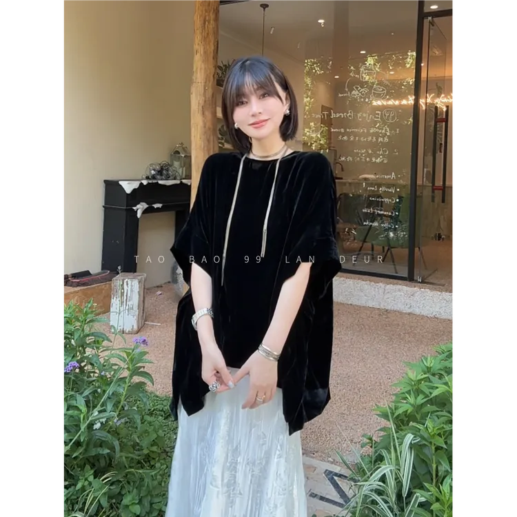 【匿名信封】夏季设计气质圆领丝绒蝙蝠袖宽松显瘦T恤上衣女