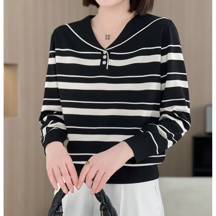 小施家韩版高端气质条纹翻领显瘦高货针织衫25170