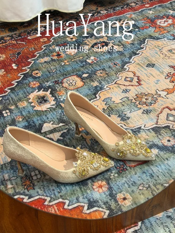 【花漾】蕾丝满钻新手百搭婚鞋女春秋酒杯跟法式鞋女推荐不累2.0版