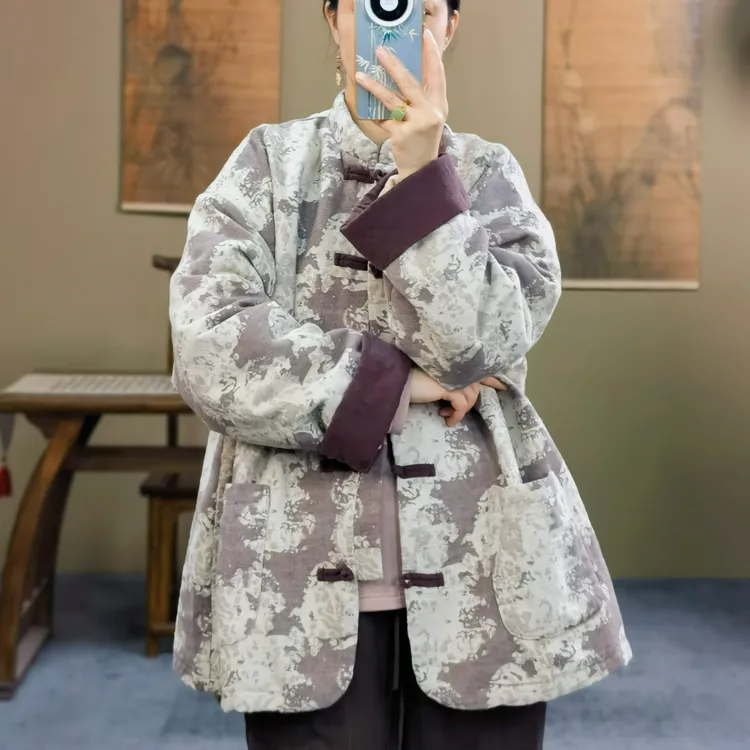 束心新中式冬装新款复古立领长袖棉衣亚麻提花拼色宽松版棉服外套