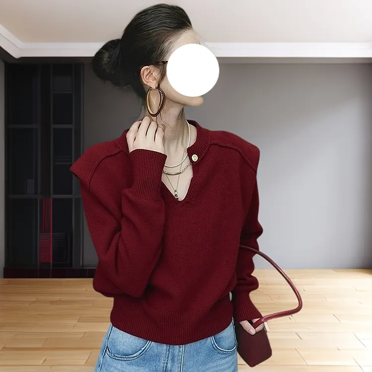 时髦气质安可拉红v领设计感毛衣2025冬季新款软糯百搭长袖针织衫