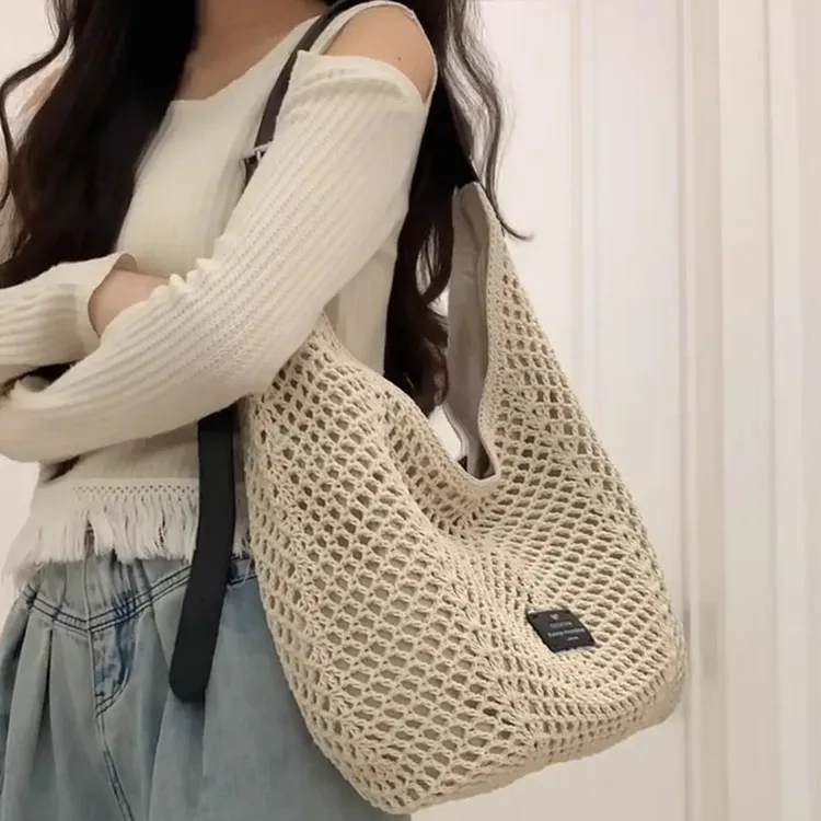编织托特包包女2025春夏新款大容量韩系小众镂空单肩斜挎手提包包