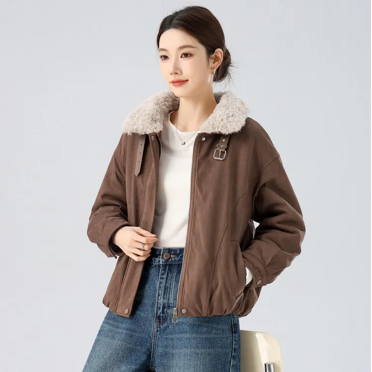 燕苹新冬款加绒厚款防风保暖可调节领口仿兔毛皮毛一体外套CX2585