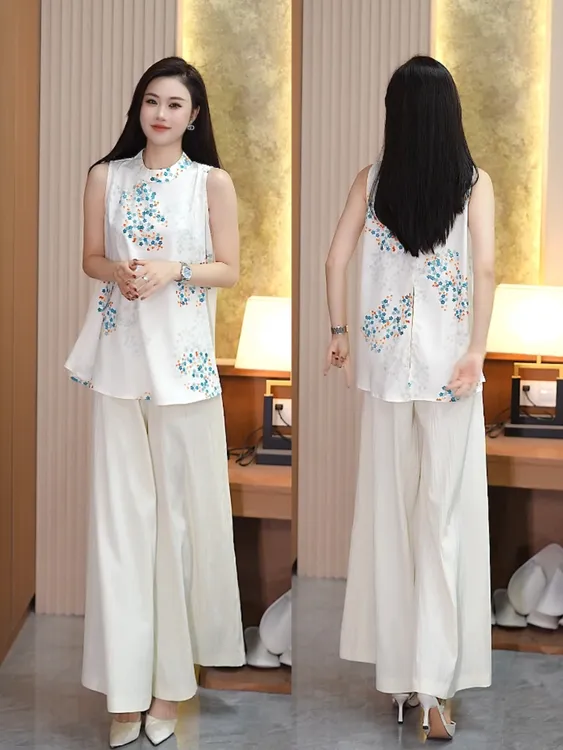 新中式风时尚套装女夏季新款洋气显瘦印花无袖上衣阔腿裤两件套