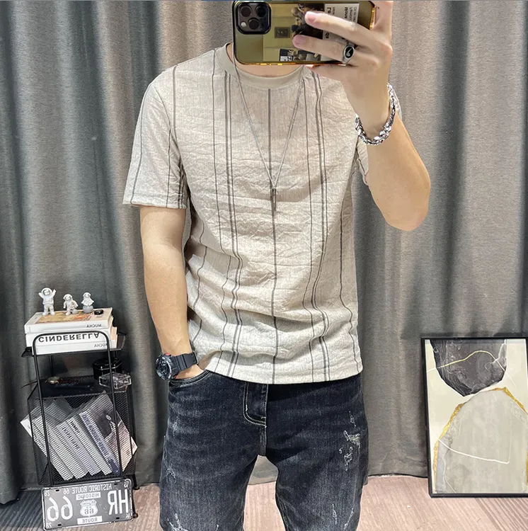 薄款条纹男士短袖t恤夏季新款仿棉麻修身圆领潮流百搭男条纹短袖