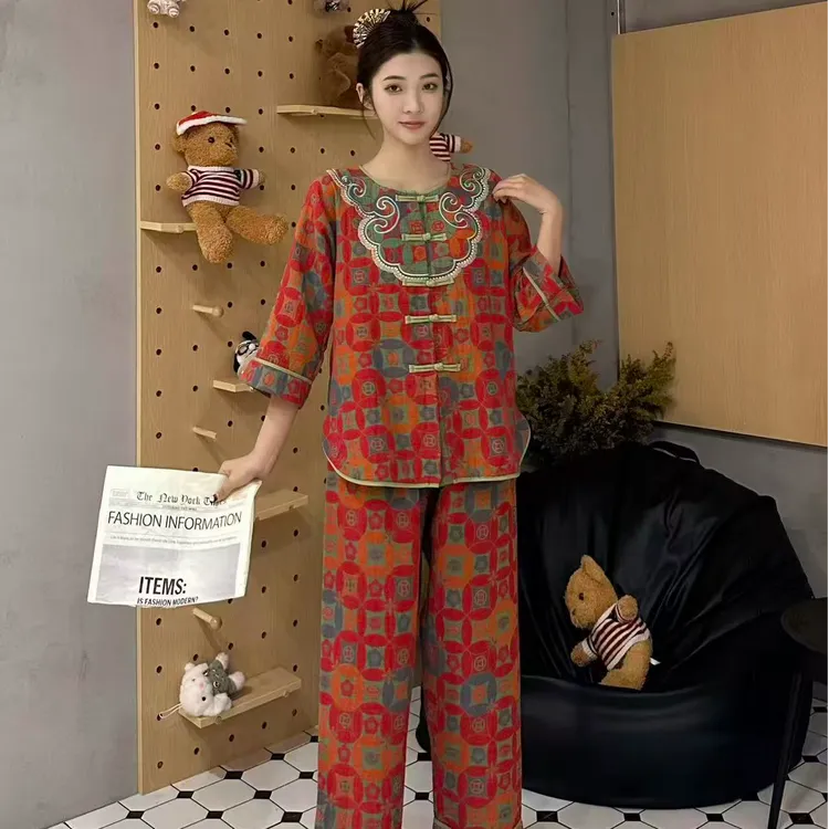 【李北北】秋冬全棉睡衣开衫重工刺绣双层纱中式国风家居服套装1137